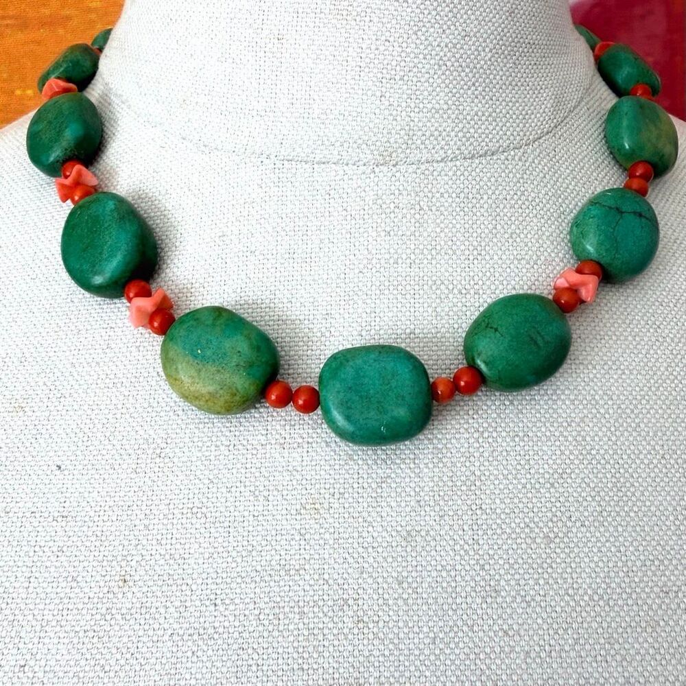Vintage Green Turquoise & Coral Beaded Statement Necklace